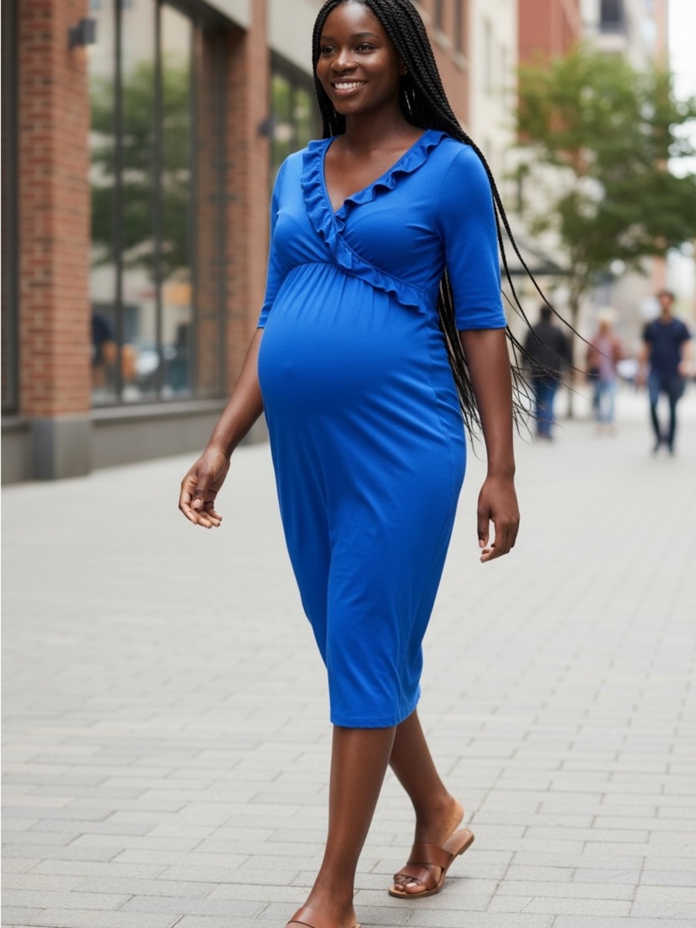 Old Navy Royal Blue Maternity Dress Small Knee Length Ruffle V Neck Detail
